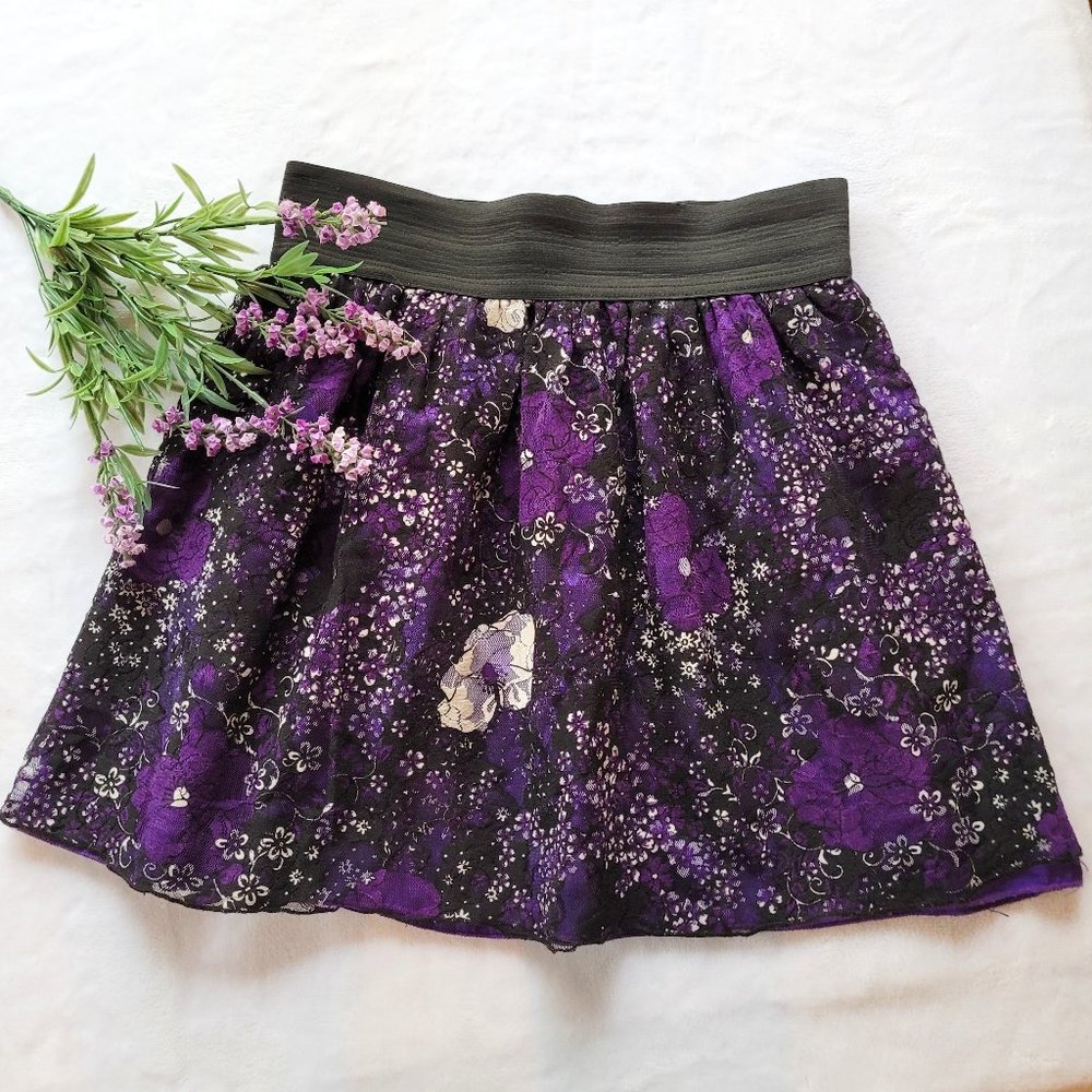 Ultra Flirt Purple Black Floral Net Overlay Mini Skirt Size S